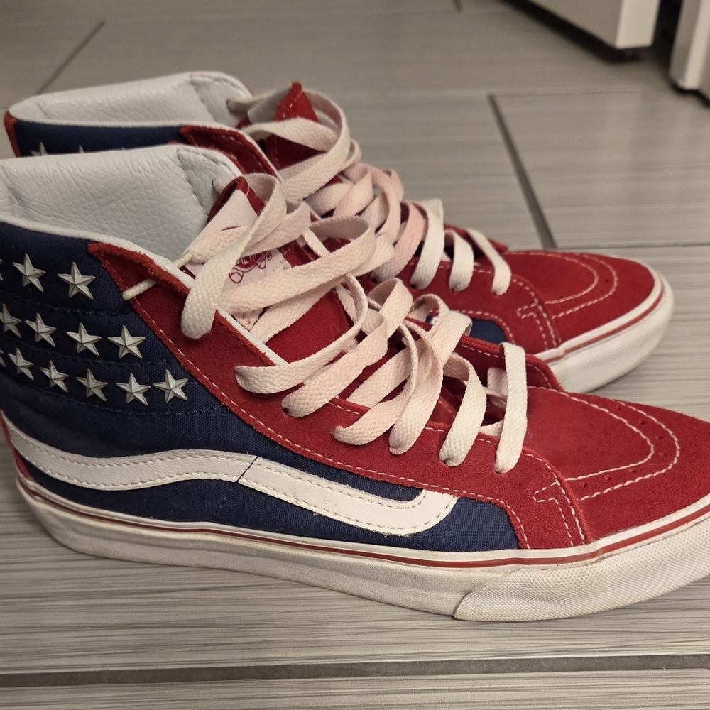 Vans Red, White and Blue High Top with Stars Skateboard Shoes